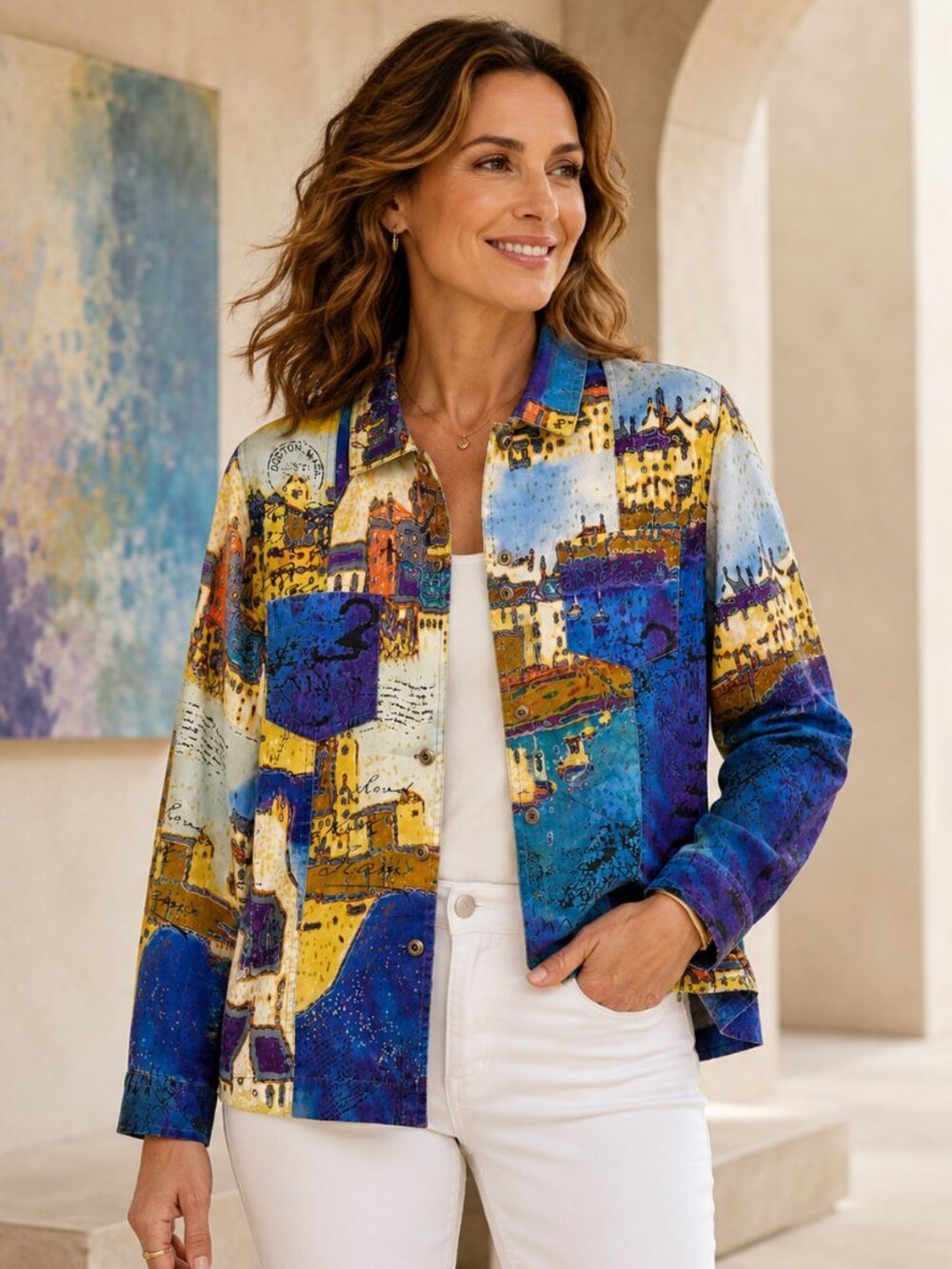 Chicos Cityscape Shacket Sz 1 (US M) Colorful Art to Wear Travel Print Lagenlook